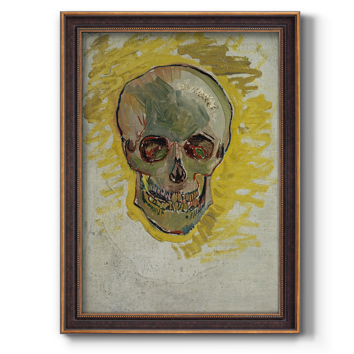 Expressive skull study painting by Vincent van Gogh printed on canvas in an ornate weathered white frame with a vertical orientation.
