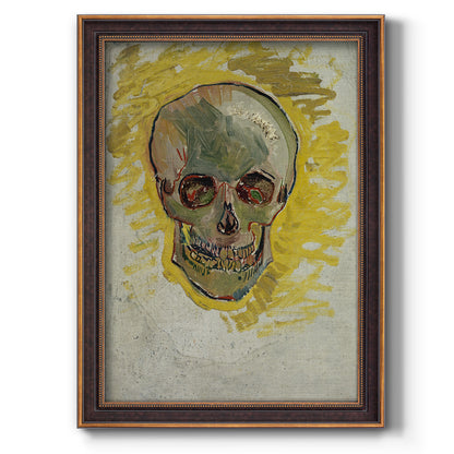 Expressive skull study painting by Vincent van Gogh printed on canvas in an ornate weathered white frame with a vertical orientation.