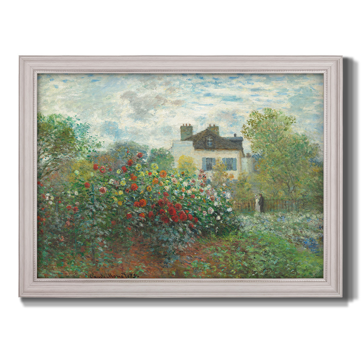 Impressionist garden landscape at Argenteuil by Claude Monet printed on canvas in an ornate weathered white frame.