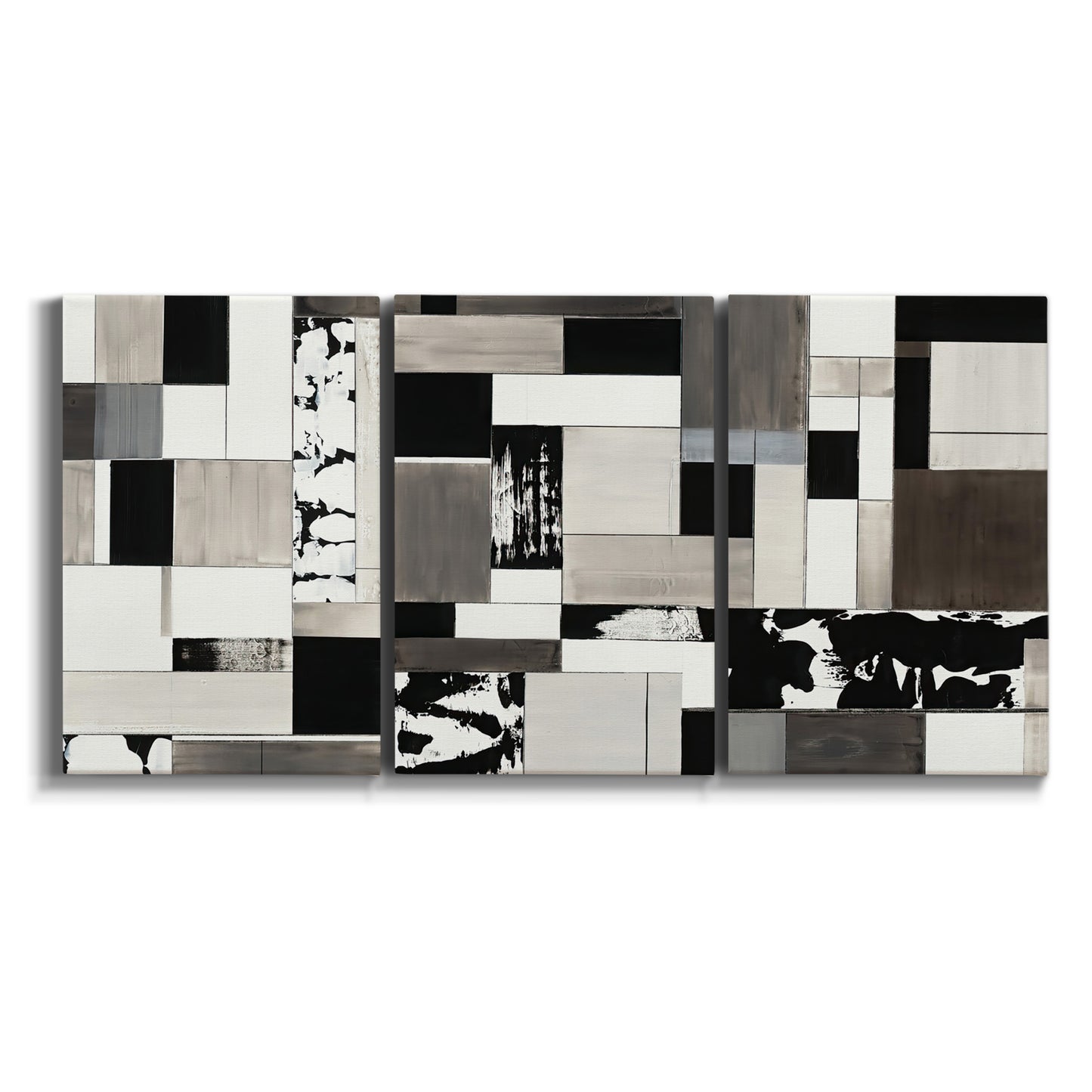 Three-panel canvas wall art featuring rectangular mid century geometric abstraction on white background.