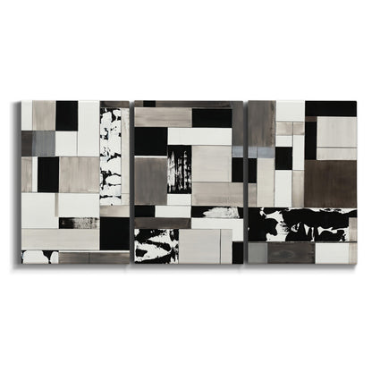 Three-panel canvas wall art featuring rectangular mid century geometric abstraction on white background.