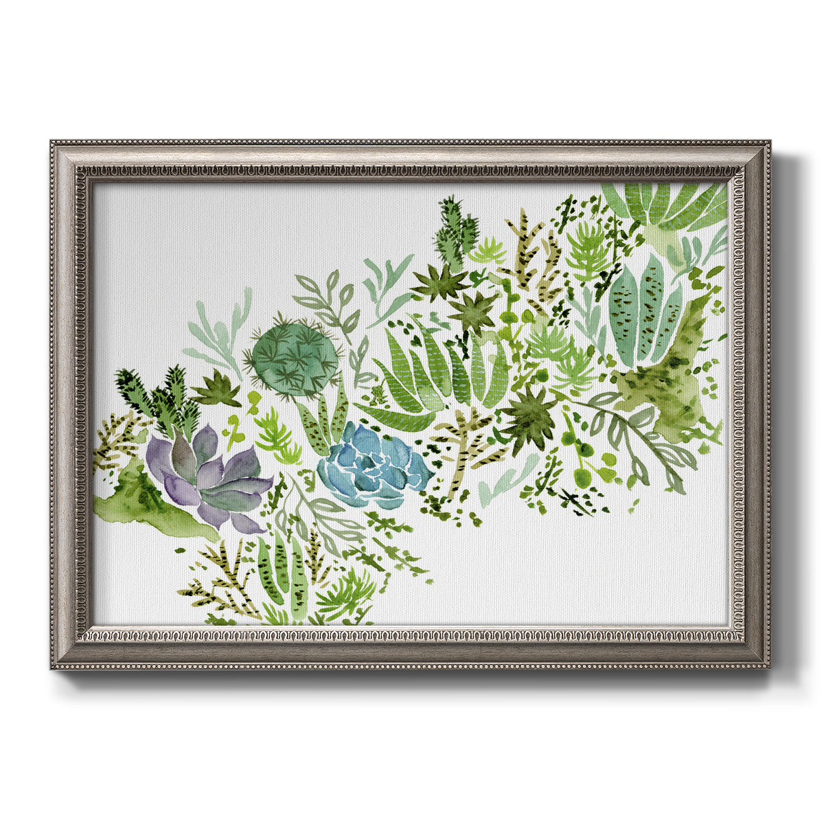 Minimalist abstract succulent botanical watercolor artwork printed on canvas in an ornate vintage silver frame.