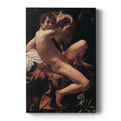 Canvas art print featuring a Baroque scene of Saint John the Baptist with a ram in dramatic shadow on a clean white background.