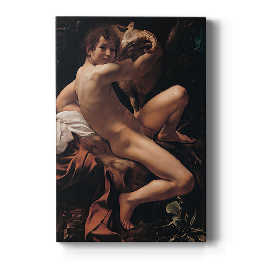 Canvas art print featuring a Baroque scene of Saint John the Baptist with a ram in dramatic shadow on a clean white background.