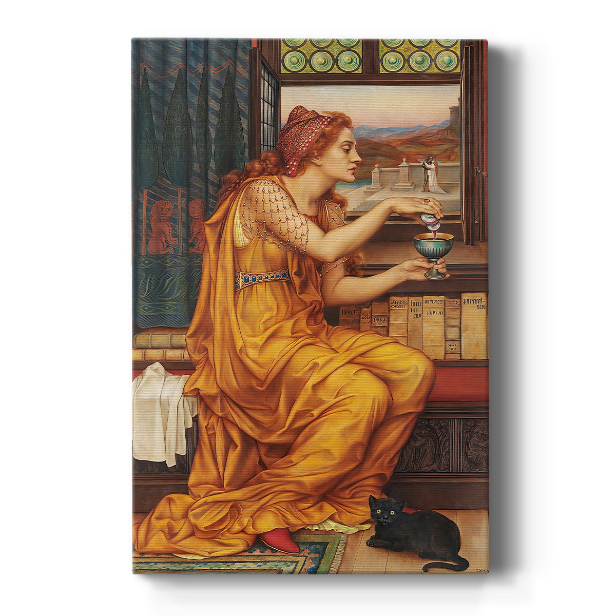 Canvas art print featuring a symbolic scene of a woman preparing a potion in a richly colored setting on a clean white background.