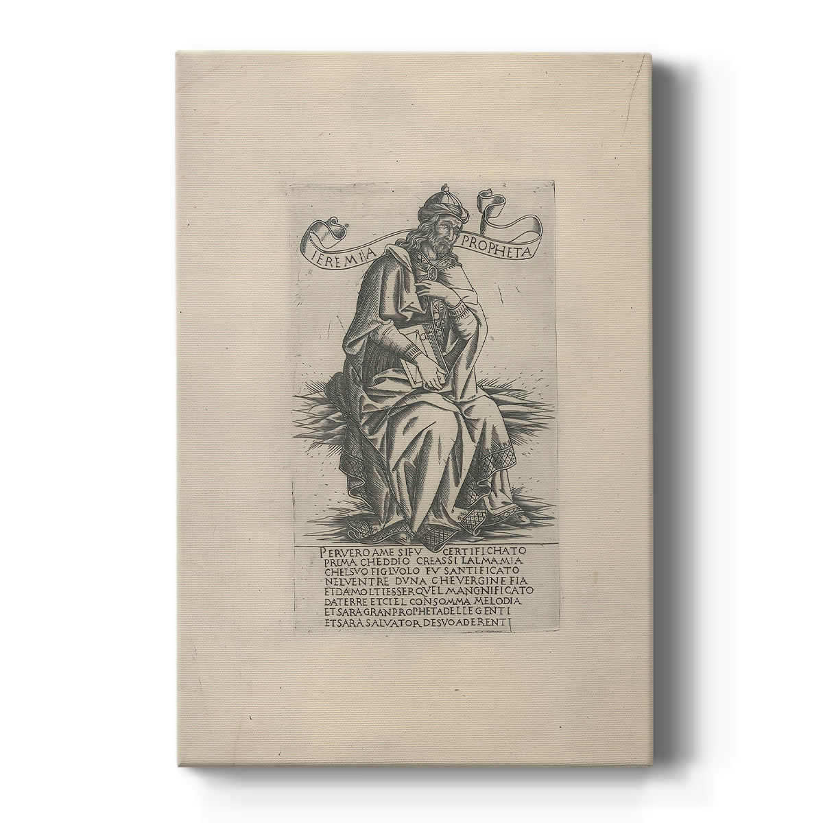Canvas art print featuring a monochrome engraving of a contemplative prophet with fine line detail on a clean white background.