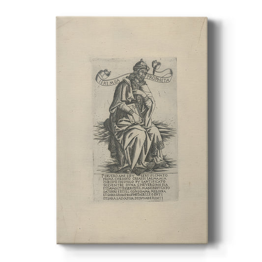 Canvas art print featuring a monochrome engraving of a contemplative prophet with fine line detail on a clean white background.
