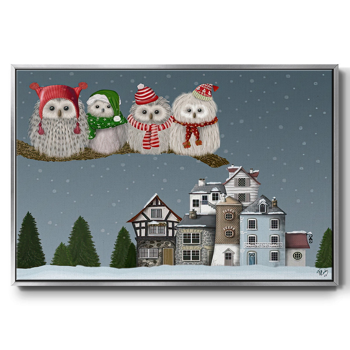 Christmas Christmas Owl Village - Framed Gallery Wrapped Canvas in Floating Frame