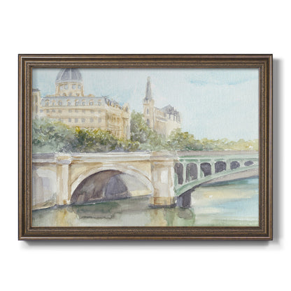 Classical watercolor painting of a French bridge printed on canvas in an ornate traditional bronze frame.
