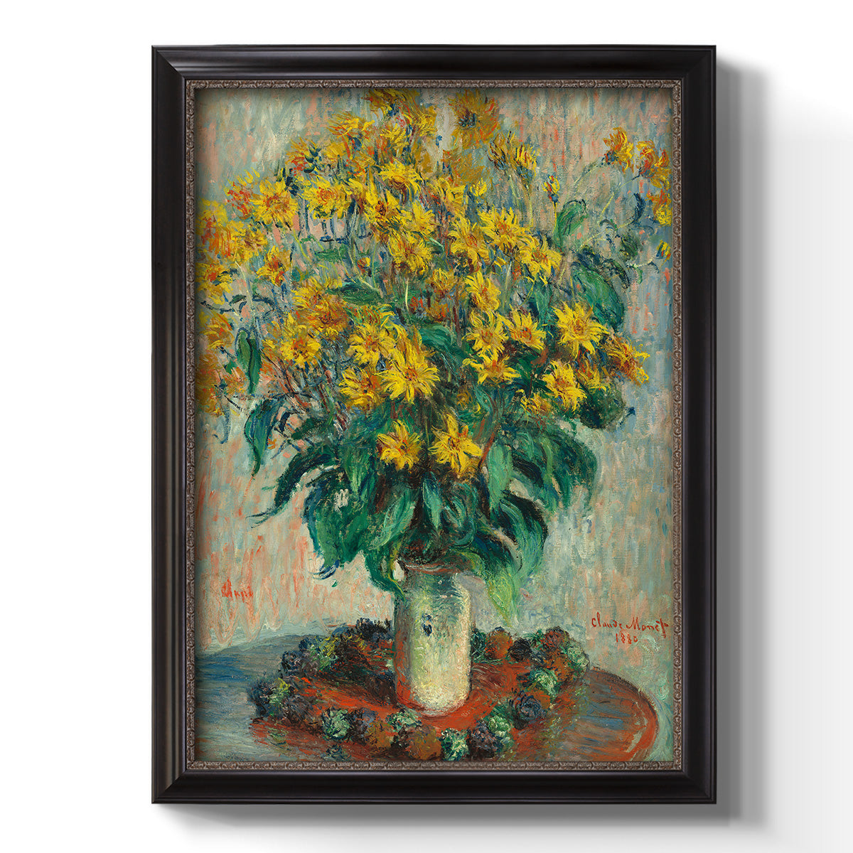 Impressionist floral painting of artichoke flowers by Claude Monet printed on canvas in an ornate black frame with gilded inner detail with a vertical orientation.