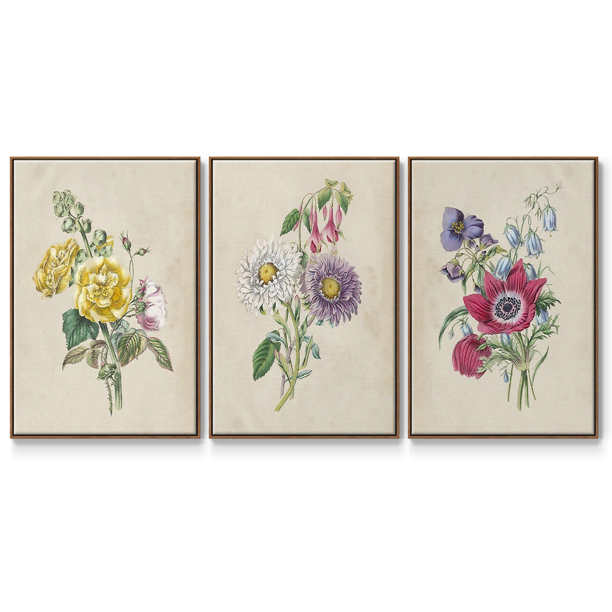 Antique Garden Bouquet I - Framed Premium Gallery Wrapped Canvas L Frame 3 Piece Set - Ready to Hang