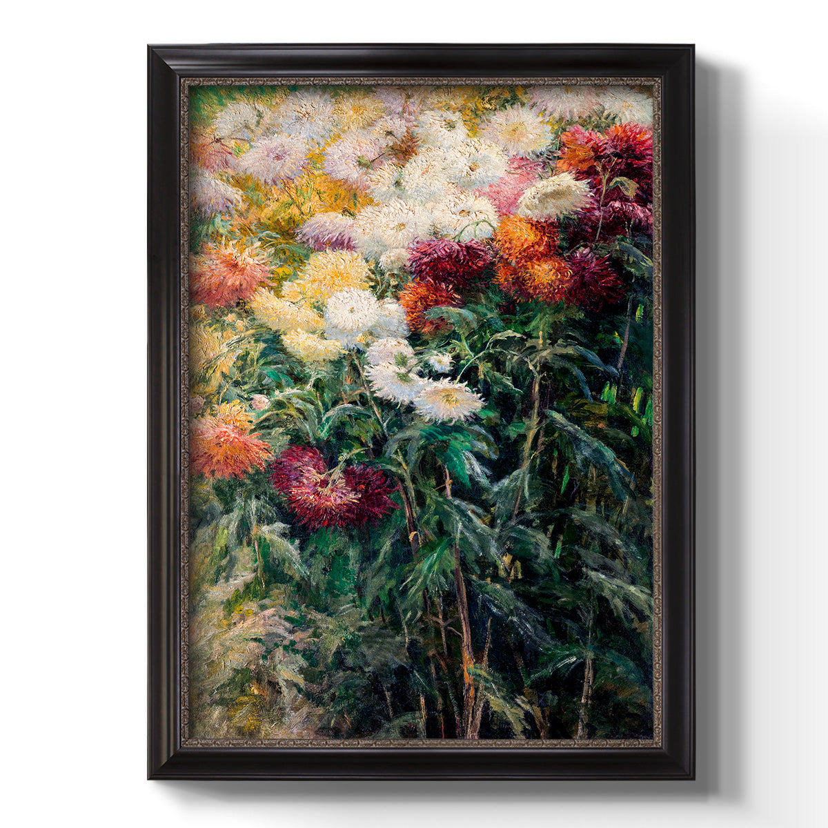 Impressionist garden floral painting by Gustave Caillebotte printed on canvas in an ornate bronzed mahogany wood frame with a vertical orientation.