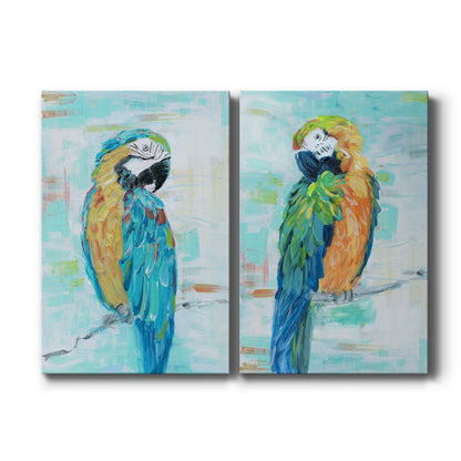 Set of two vertical canvas prints featuring colorful tropical parrot illustration, displayed side by side.