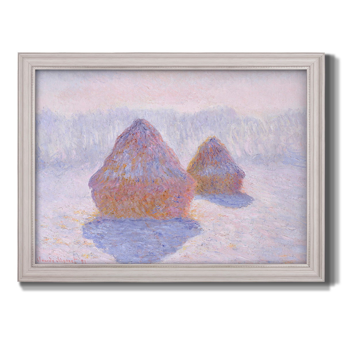 Impressionist winter haystack scene with sunlight by Claude Monet printed on canvas in an ornate weathered white frame.