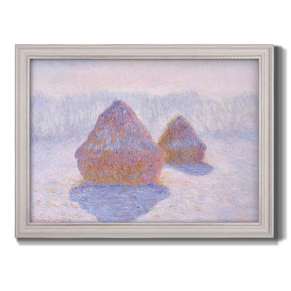 Impressionist winter haystack scene with sunlight by Claude Monet printed on canvas in an ornate weathered white frame.