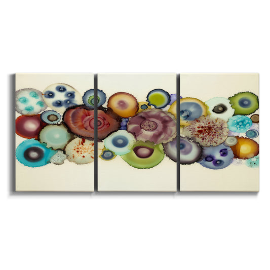 Three-panel canvas wall art featuring mid century geometric red pathway on white background.