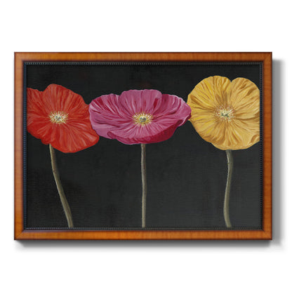 Contemporary poppy flower artwork printed on canvas in an ornate vintage burl wood frame.