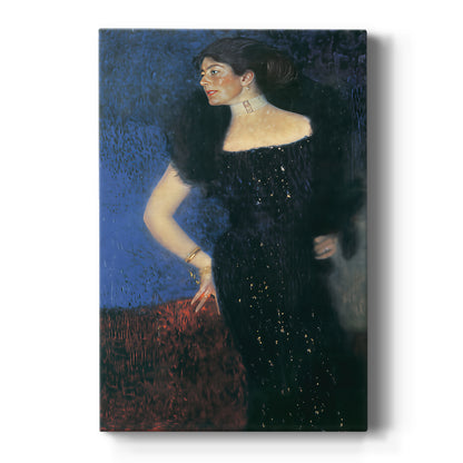Canvas art print featuring a realistic portrait of a woman with dark attire and soft lighting on a clean white background.