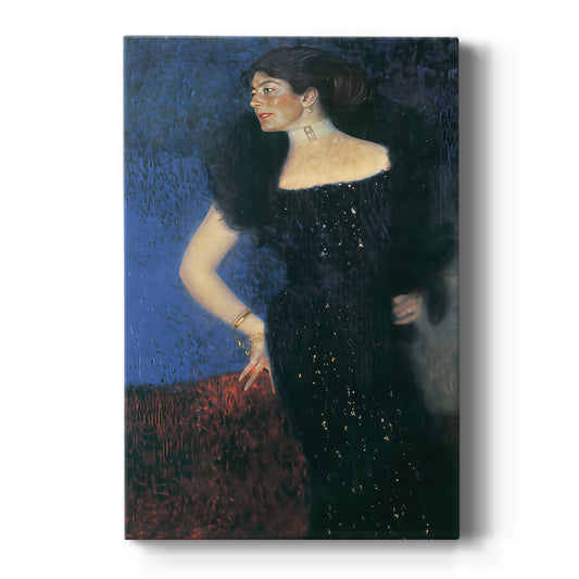 Canvas art print featuring a realistic portrait of a woman with dark attire and soft lighting on a clean white background.