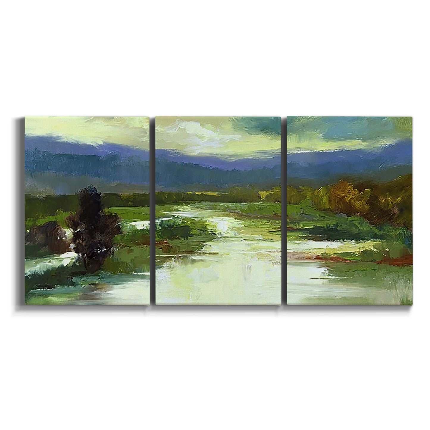 Three-panel canvas wall art featuring open meadow landscape with distant hills on white background.