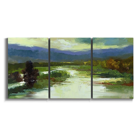 Three-panel canvas wall art featuring open meadow landscape with distant hills on white background.