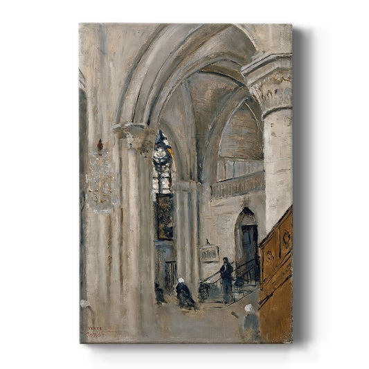 Canvas art print featuring a realistic architectural interior with tall arches and soft filtered light on a clean white background.