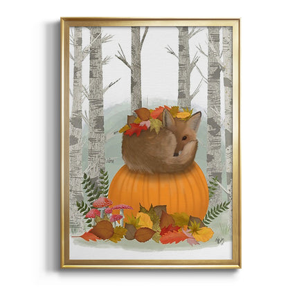 Fox Curled on Pumpkin - Modern Framed Canvas Print