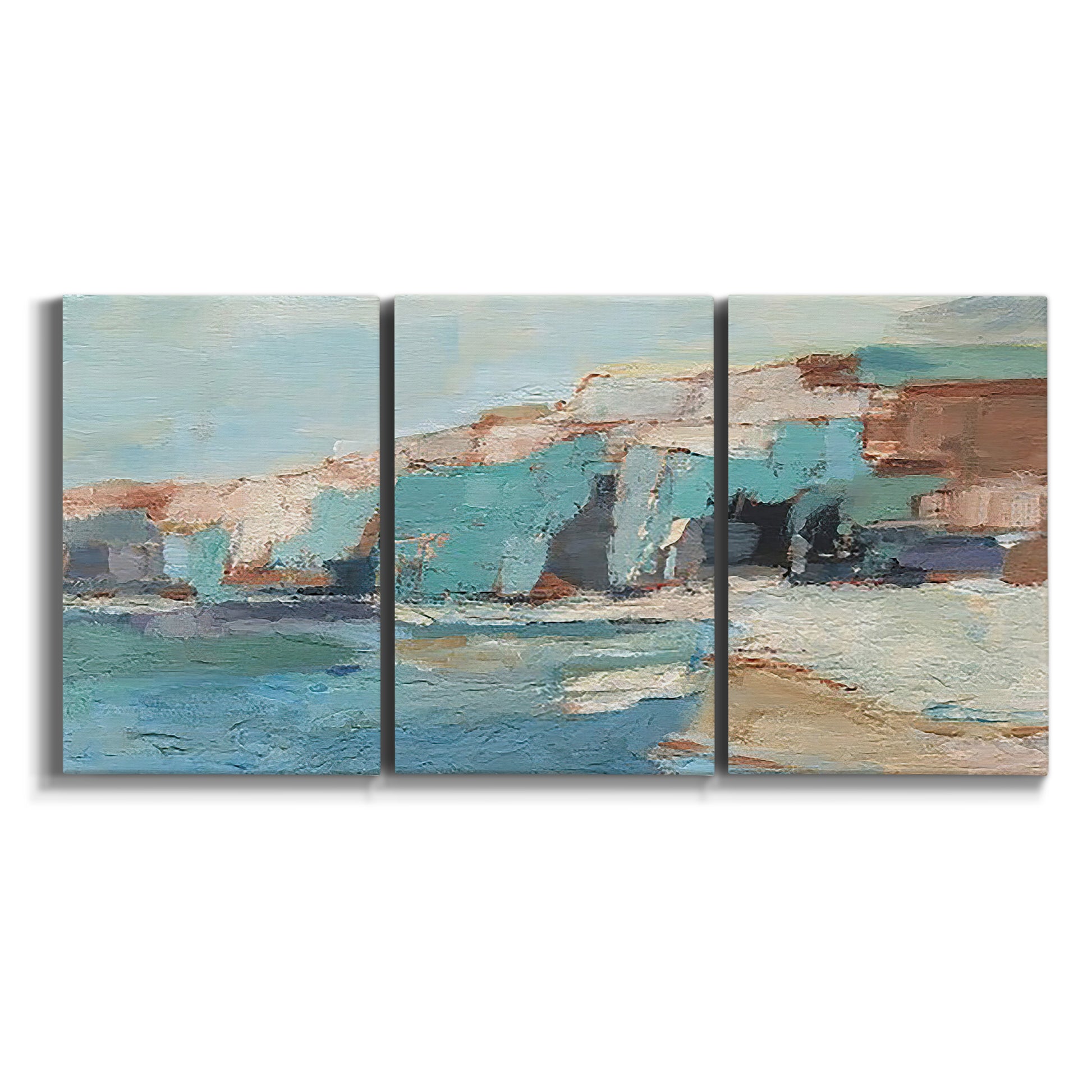 Three-panel canvas wall art featuring coastal shoreline with soft waves on white background.