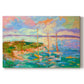 Colorful seascape with boats and vibrant skies over a coastal landscape in late afternoon light