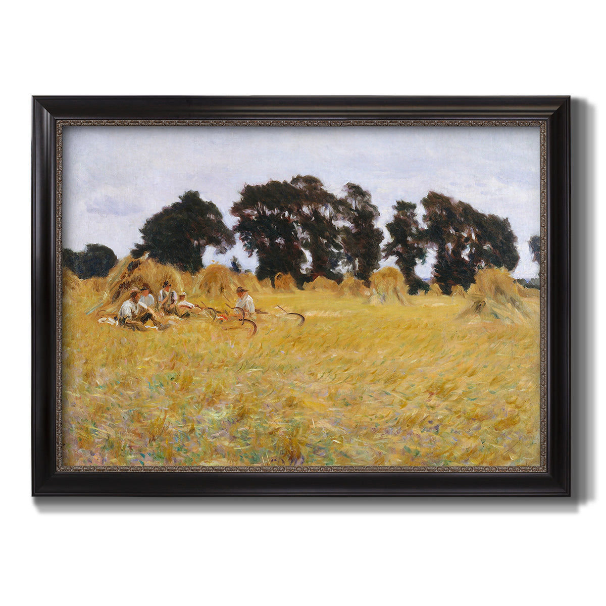 Impressionist rural harvest scene by John Singer Sargent printed on canvas in an ornate black frame with gilded inner detail.
