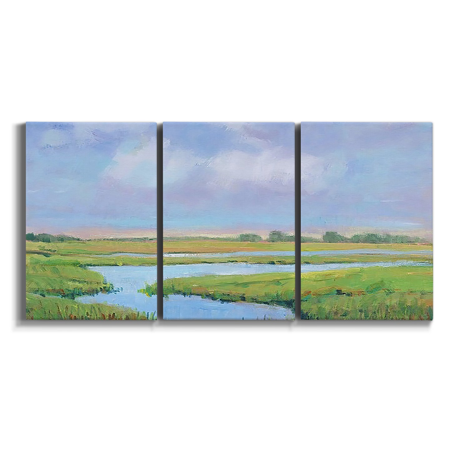 Three-panel canvas wall art featuring summer marshland with tall grasses on white background.