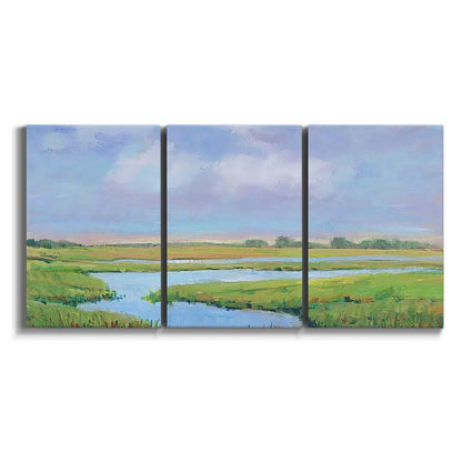 Three-panel canvas wall art featuring summer marshland with tall grasses on white background.
