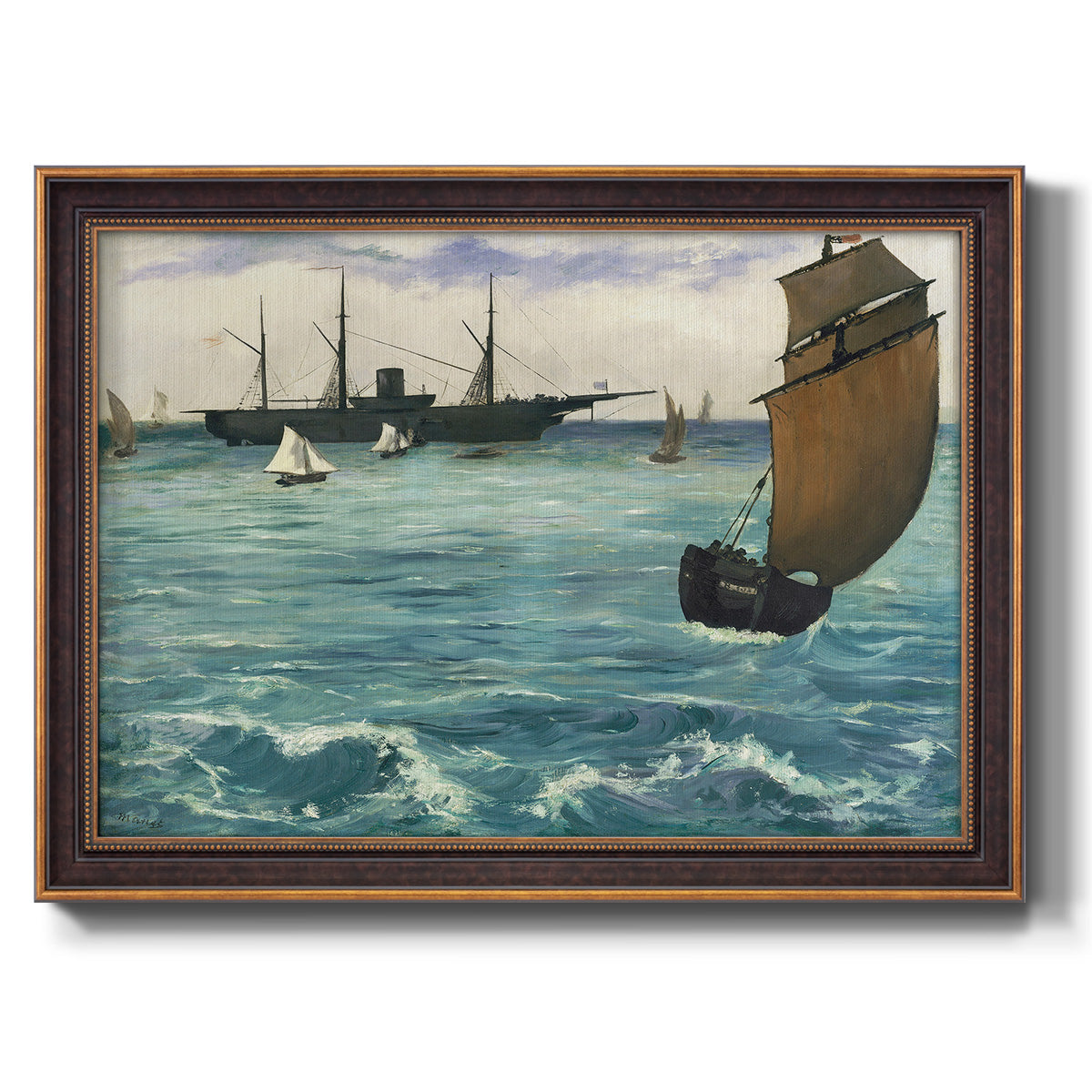 Impressionist naval seascape with the Kearsarge by Édouard Manet printed on canvas in an ornate bronzed mahogany wood frame.