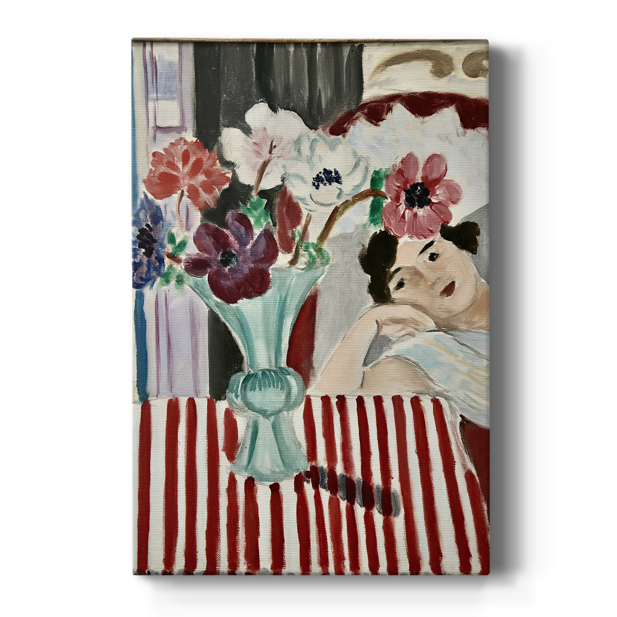 Canvas art print featuring a fauvist portrait of a seated woman and vase of flowers on a striped tablecloth on a clean white background.