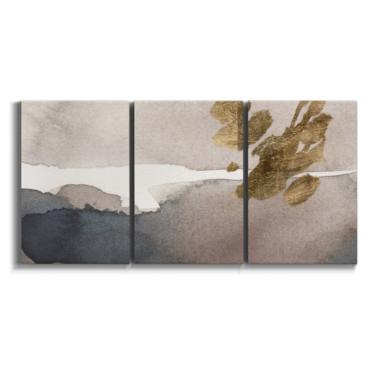 Three-panel canvas wall art featuring abstract watercolor with gold accents on white background.