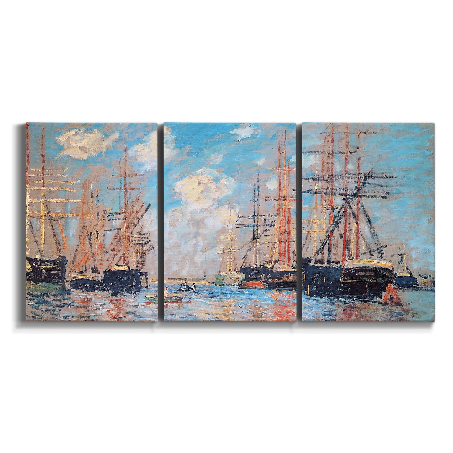 Three-panel canvas wall art featuring harbor with boats and water on white background.
