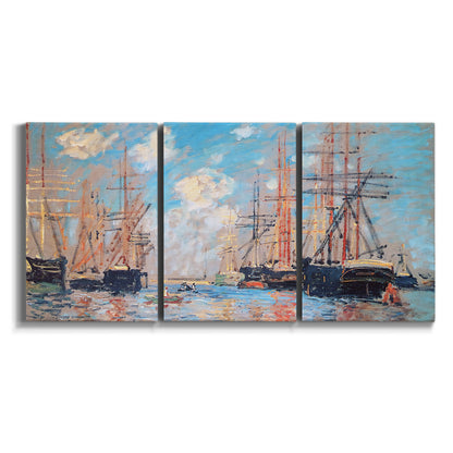 Three-panel canvas wall art featuring harbor with boats and water on white background.