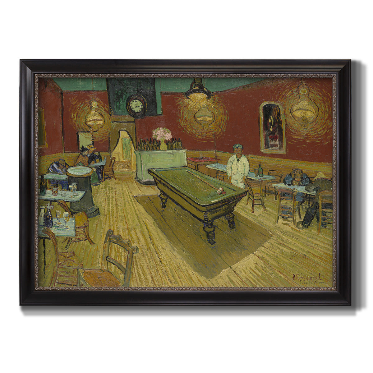 Impressionist interior of a night café by Vincent van Gogh printed on canvas in an ornate black frame with gilded inner detail.