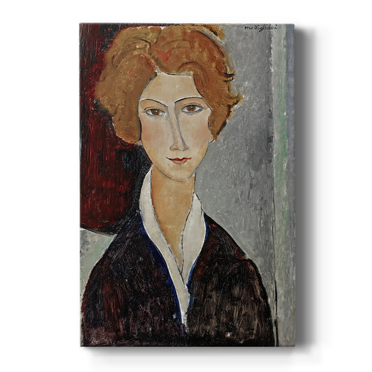 Canvas art print featuring an expressionist portrait of a woman with elongated features and soft muted tones on a clean white background.