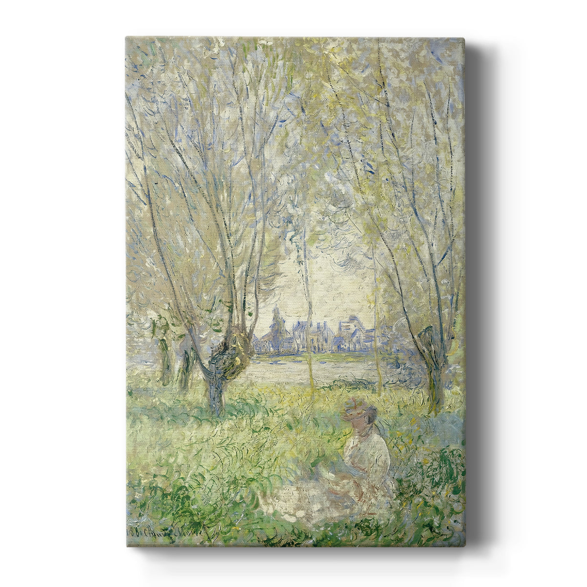 Canvas art print featuring an impressionist scene of a woman seated beneath willow trees in soft light on a clean white background.