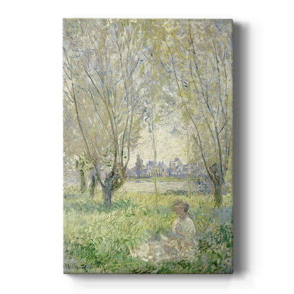 Canvas art print featuring an impressionist scene of a woman seated beneath willow trees in soft light on a clean white background.
