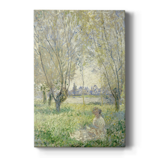 Canvas art print featuring an impressionist scene of a woman seated beneath willow trees in soft light on a clean white background.