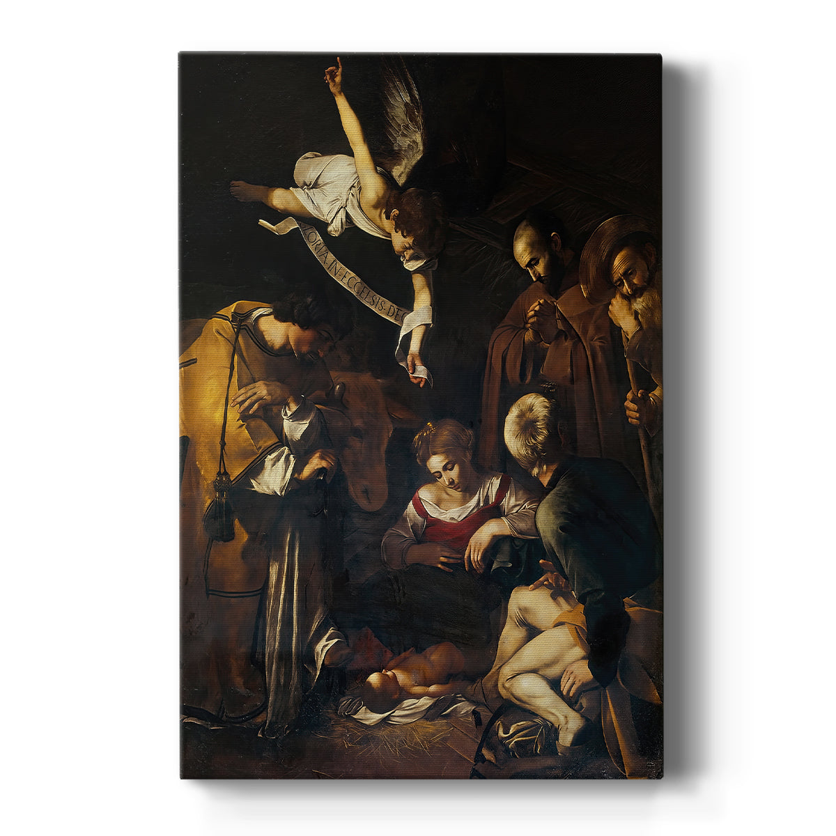 Canvas art print featuring a Baroque nativity scene with figures gathered in a dimly lit space on a clean white background.