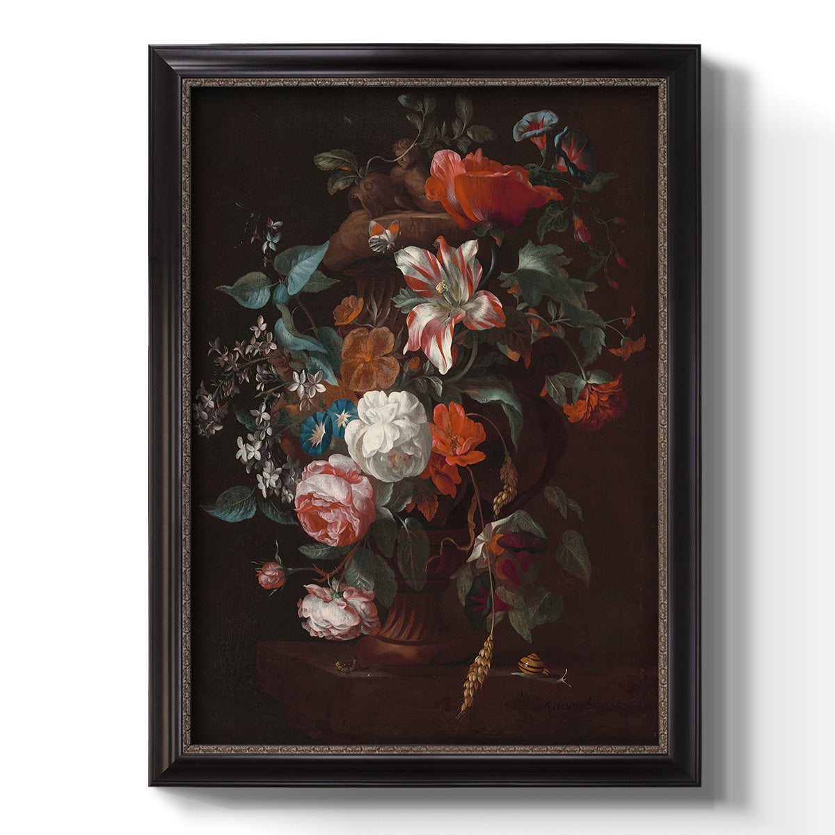 Classical floral still life painting by Jan van Huysum printed on canvas in an ornate bronzed mahogany wood frame with a vertical orientation.