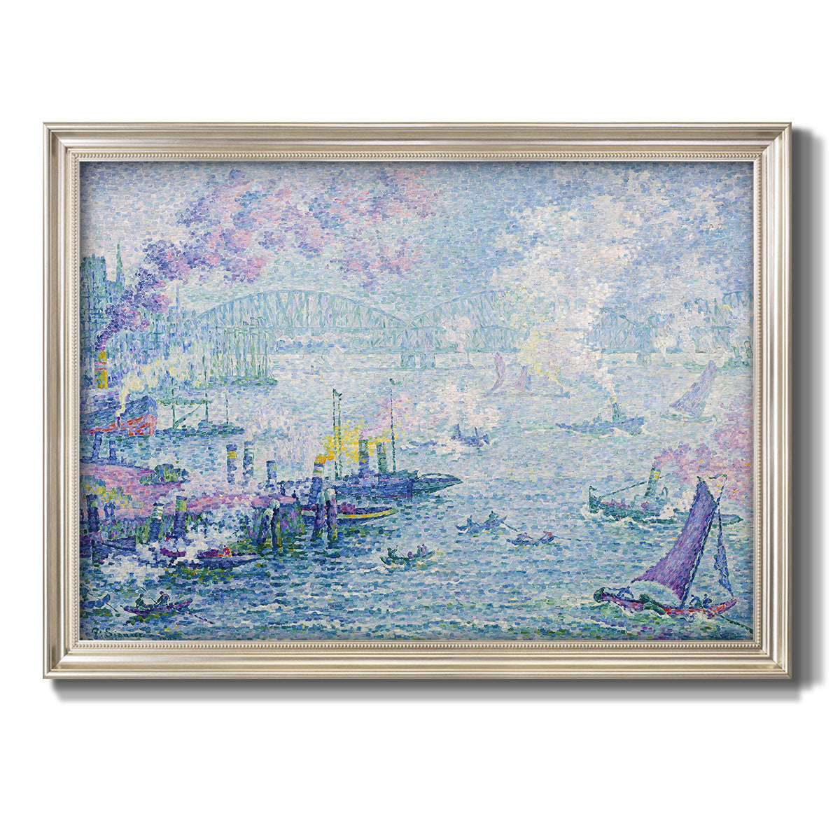 Impressionist industrial harbor scene by Paul Signac printed on canvas in an ornate champagne frame.