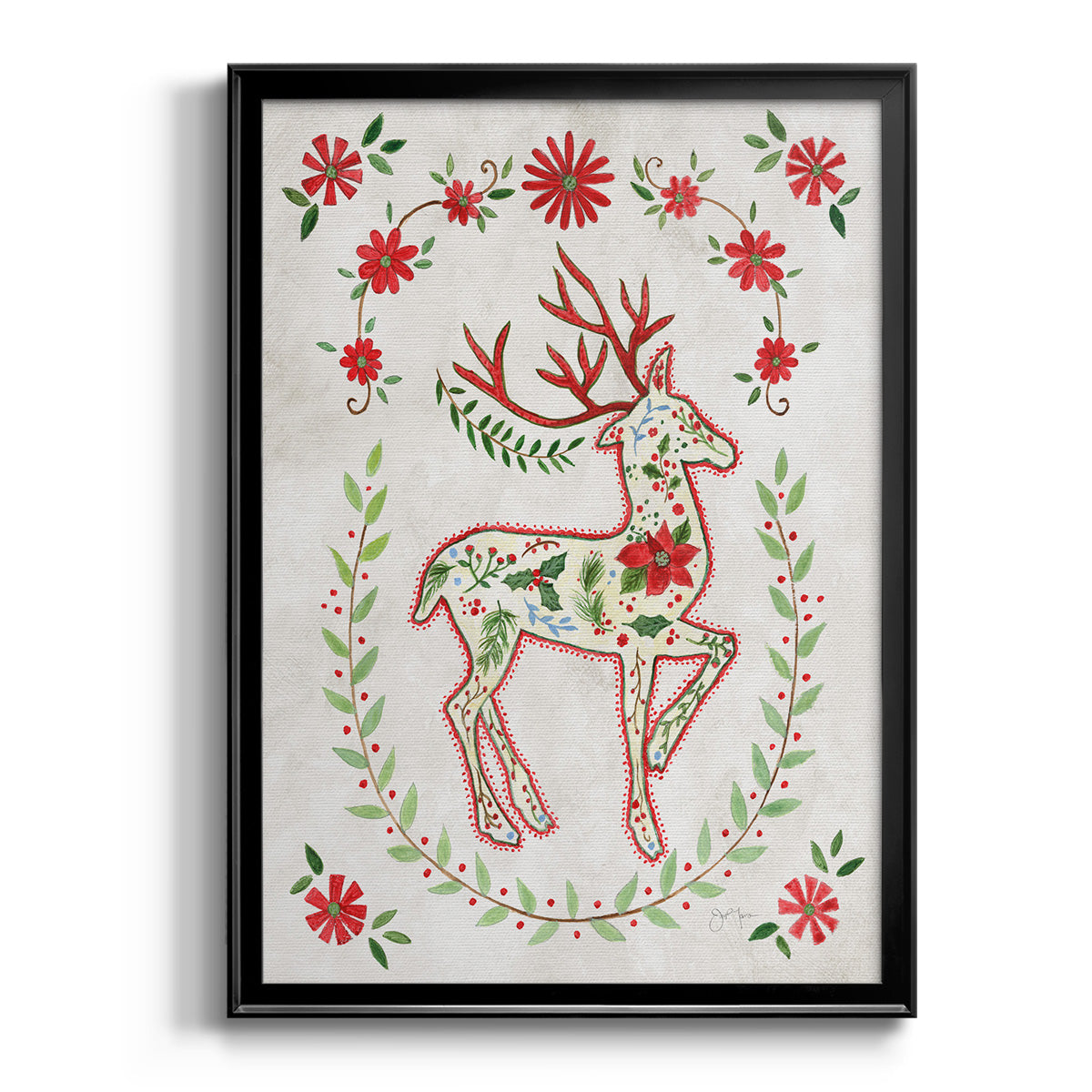Christmas Folk Reindeer - Modern Framed Canvas Print