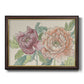 Modern peony floral drawing printed on canvas in an ornate mahogany wood frame with gold liner.