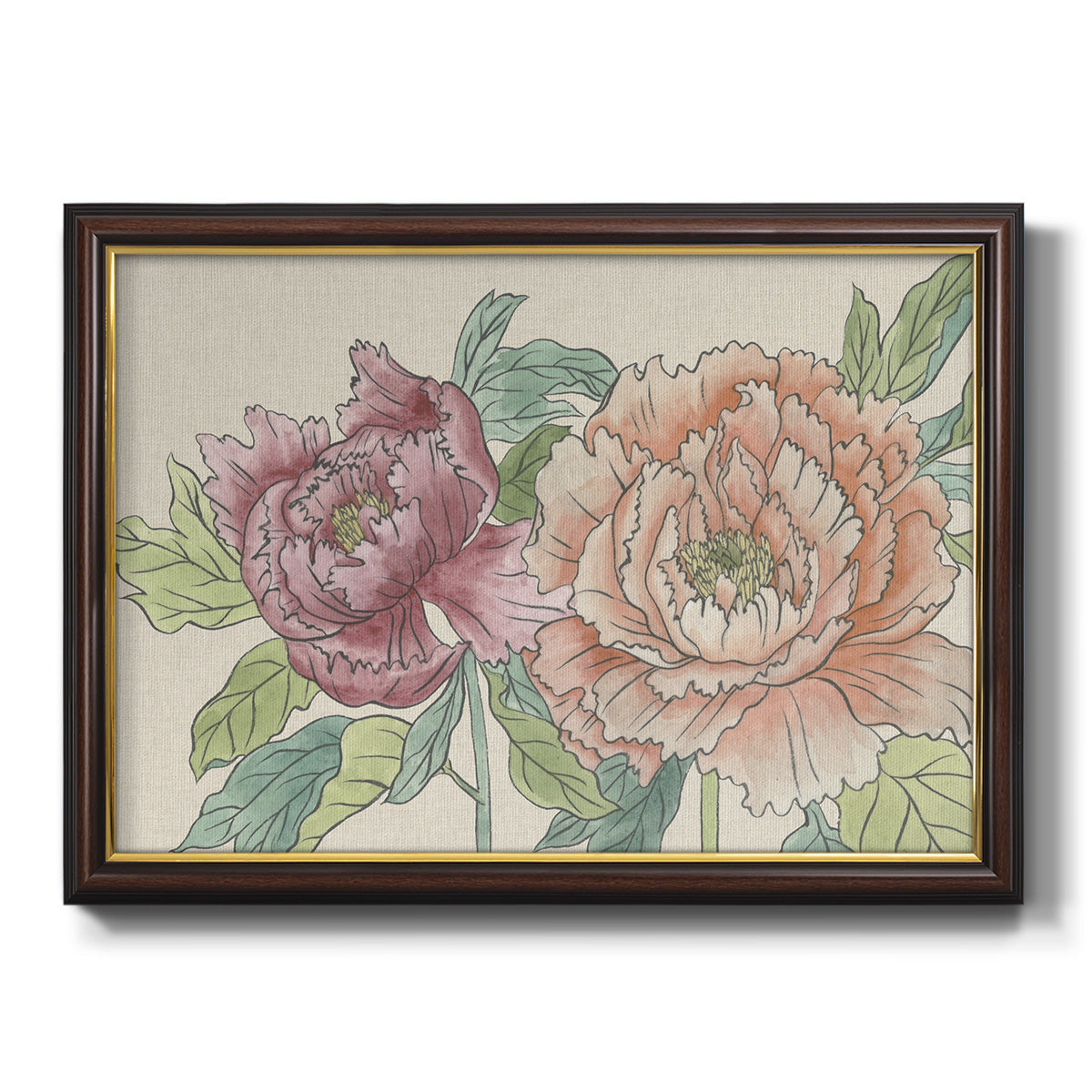 Modern peony floral drawing printed on canvas in an ornate mahogany wood frame with gold liner.
