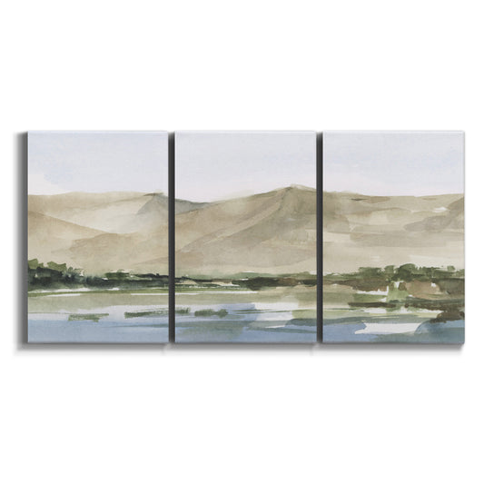Three-panel canvas wall art featuring desert mountain landscape watercolor on white background.