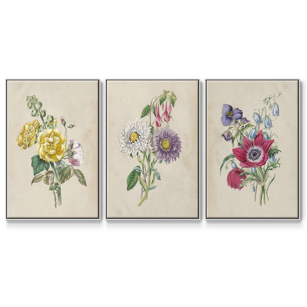 Antique Garden Bouquet I - Framed Premium Gallery Wrapped Canvas L Frame 3 Piece Set - Ready to Hang